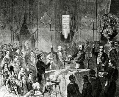 Eine Freimaurertaufe in der Loge der brüderlichen Freundschaft, Grand Orient de France, Paris, 1861 von Charles Yriarte